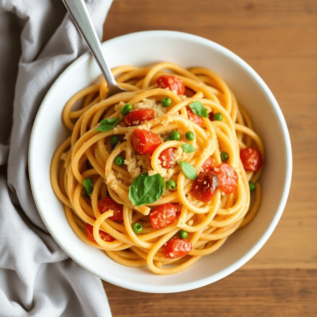 Healthy skinny pasta made with zucchini noodles, topped with fresh vegetables and a light pesto sauce."