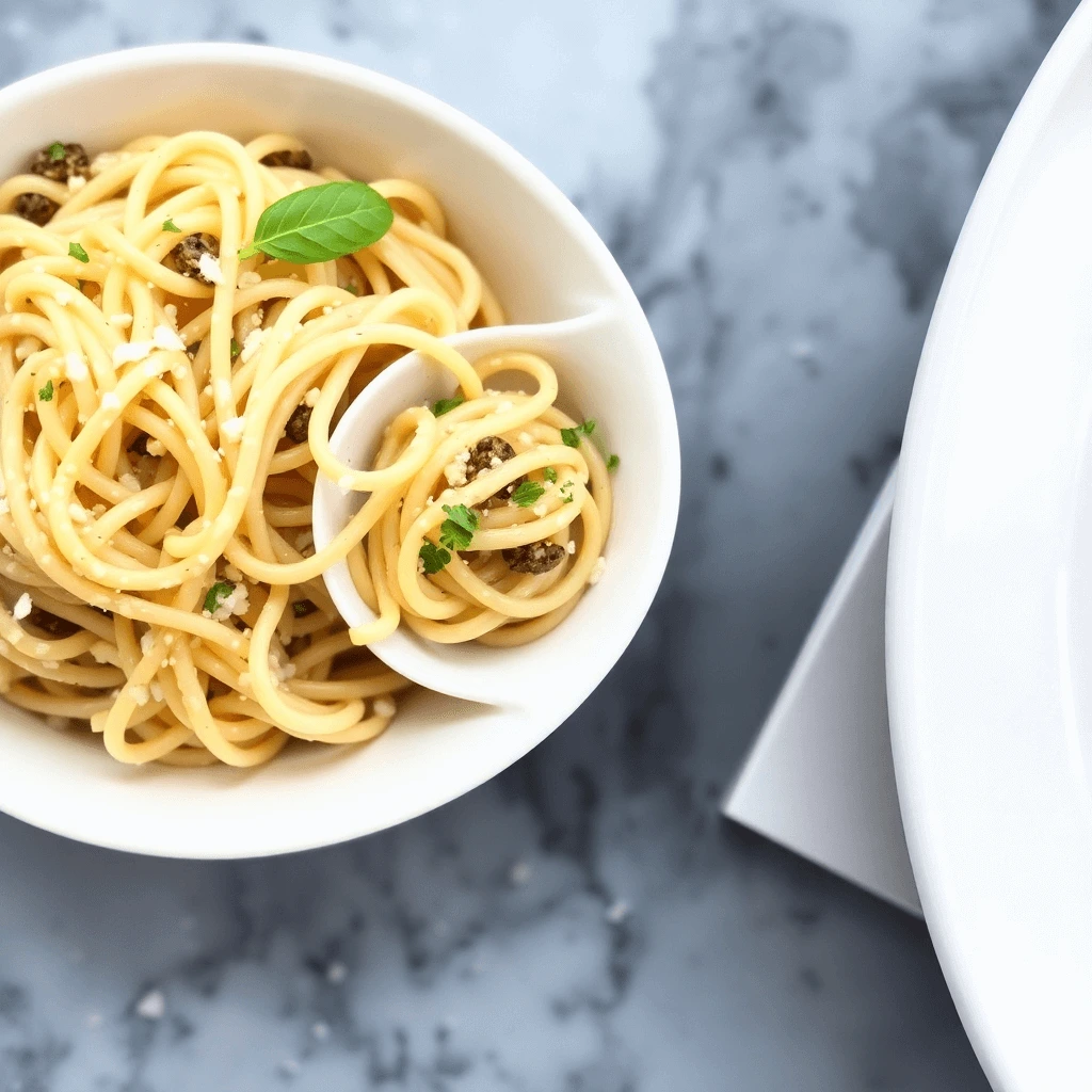 Plate of skinny pasta with zucchini noodles, cherry tomatoes, and a light pesto sauce