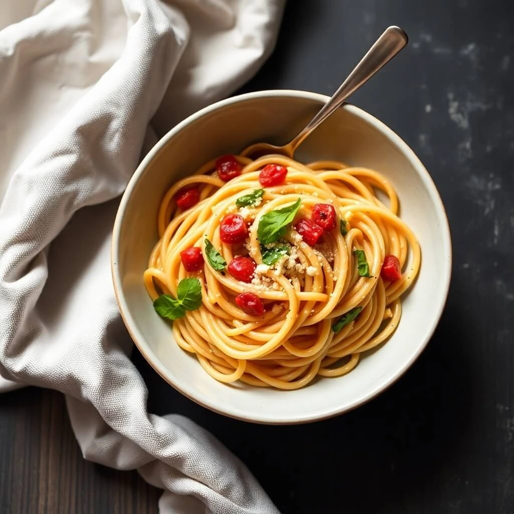 Healthy skinny pasta dish with zucchini noodles, cherry tomatoes, and basil pesto sauce