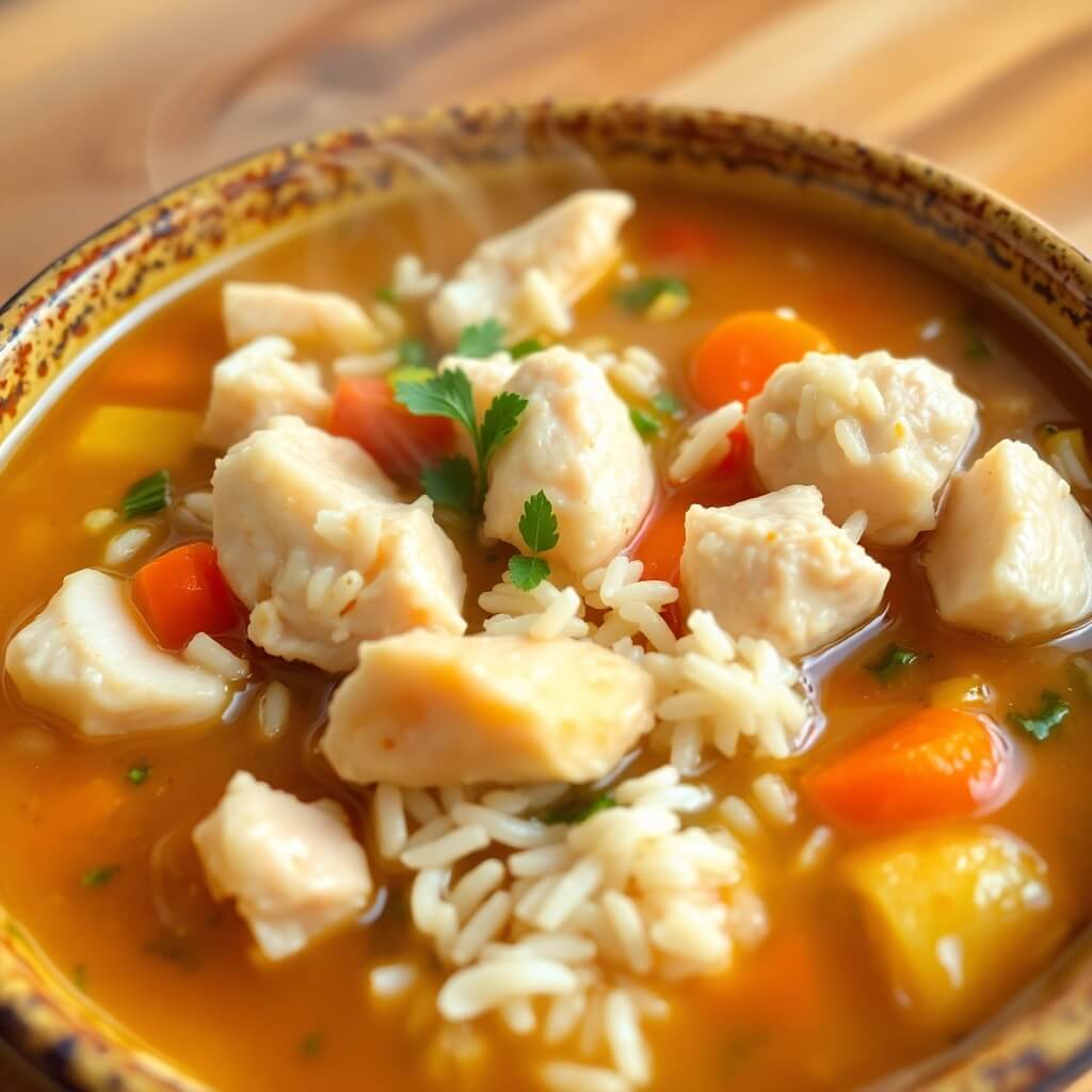 Warm Bowl of Chicken Soup with Rice and Vegetables