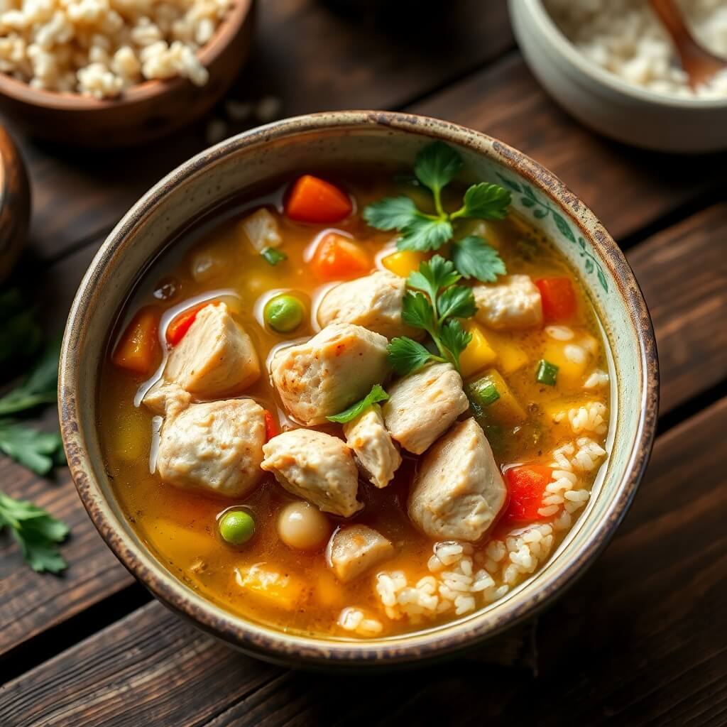 Delicious Chicken Soup with Rice in a Bowl