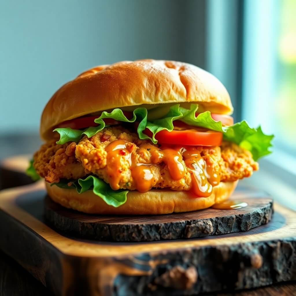 Savory Hot Honey Chicken Sandwich with Crispy Chicken and Tangy Pickles