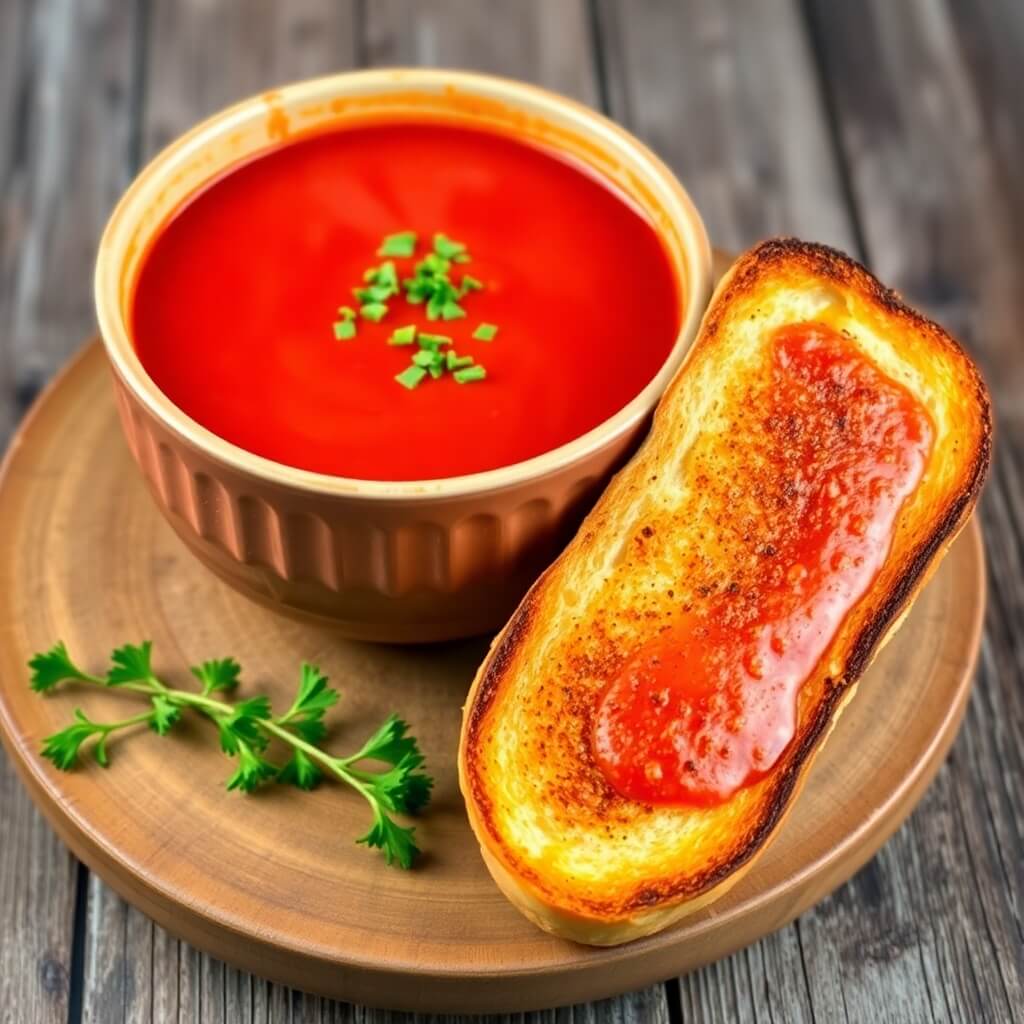 Comforting Bowl of Tomato Soup with a Crispy Grilled Cheese Sandwich