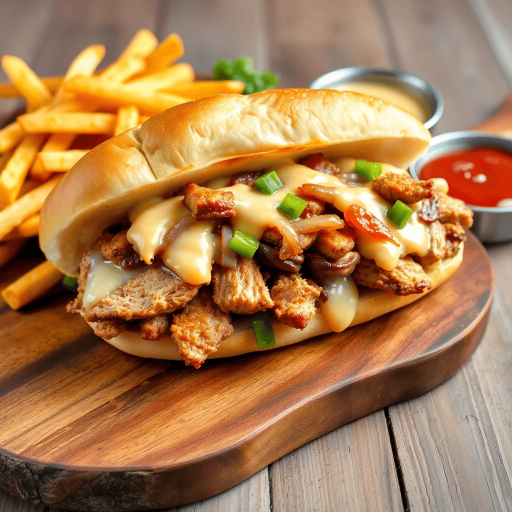 Chicken Philly Cheesesteak Sandwich with Sautéed Veggies and Cheese

