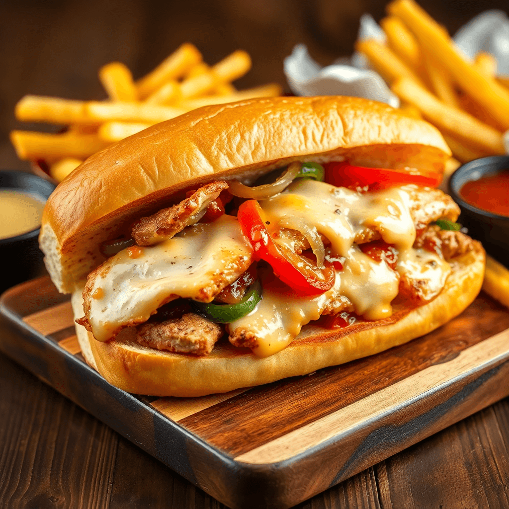 Chicken Philly Cheesesteak Sandwich with Melted Cheese and Veggies

