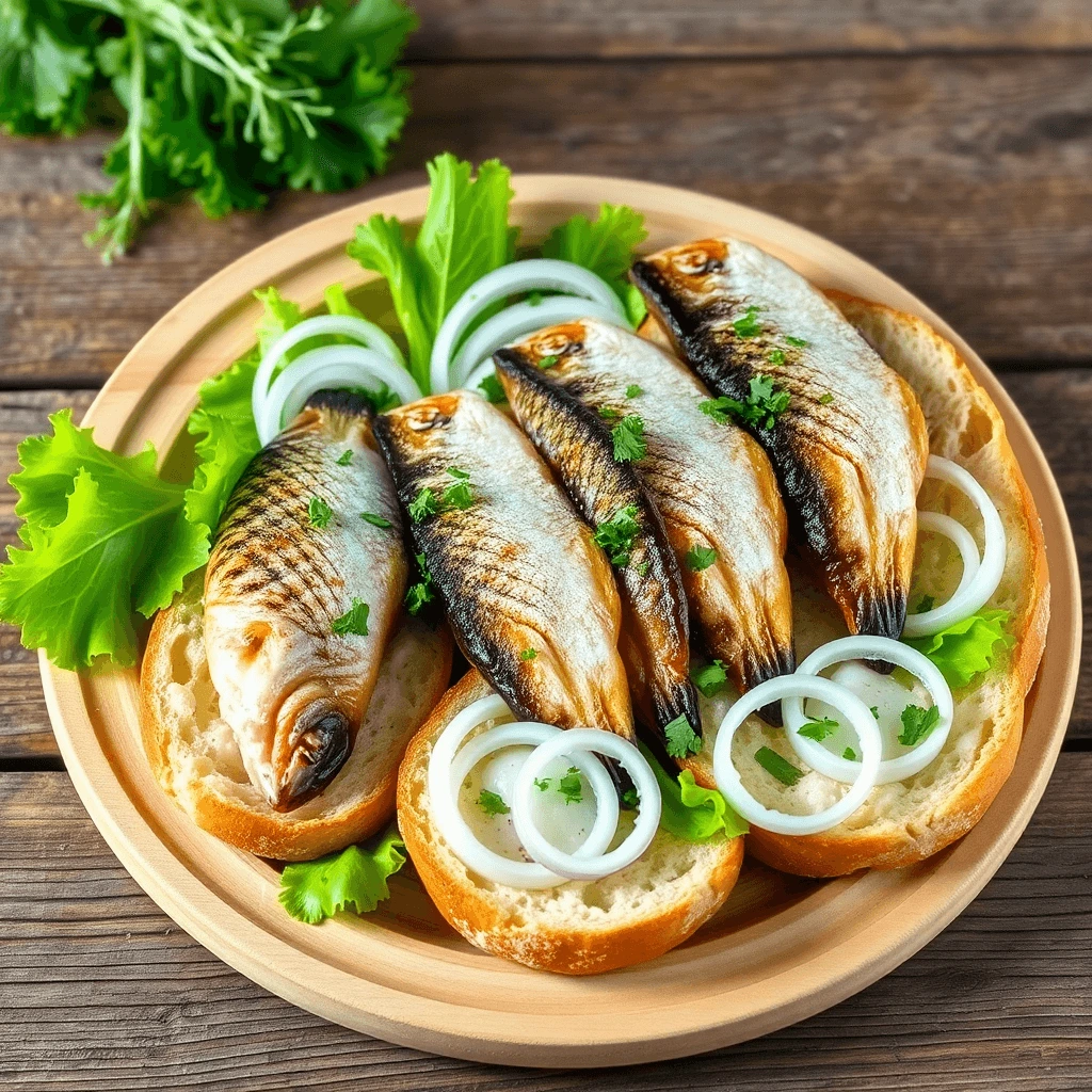 "Matjesbrötchen Sandwich with Pickled Herring and Fresh Vegetables"

