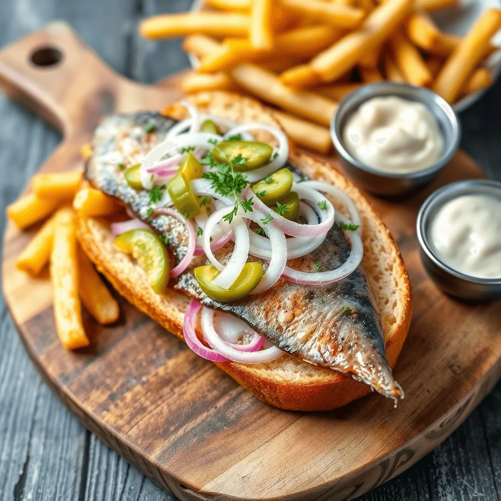 "Matjesbrötchen Sandwich with Pickled Herring and Fresh Vegetables"