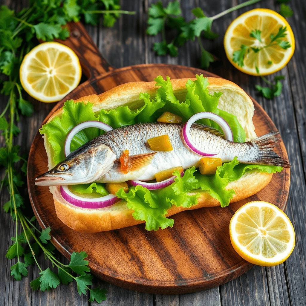 "Traditional Matjesbrötchen with Pickled Herring and Fresh Vegetables"

