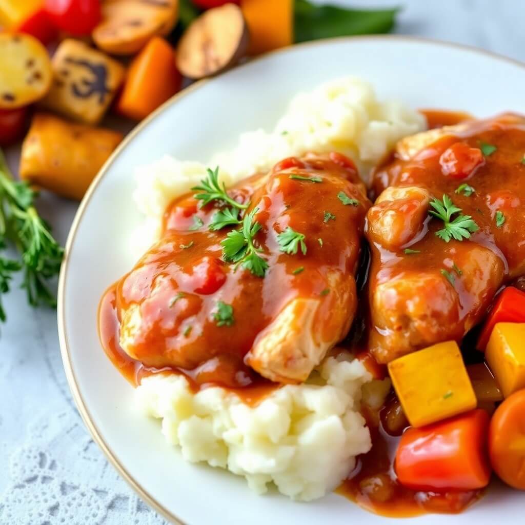 Delicious Smothered Chicken with Creamy Gravy and Seasoned Rice