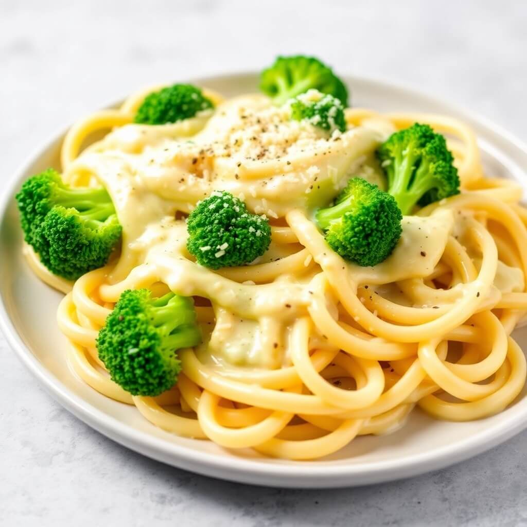 Broccoli Alfredo Pasta with Creamy Parmesan Sauce and Fresh Vegetables