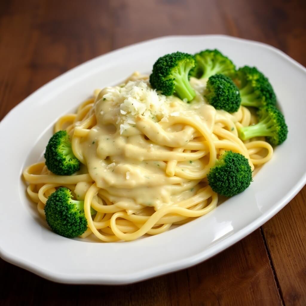 Broccoli Alfredo Pasta with Creamy Parmesan Sauce and Fresh Vegetables