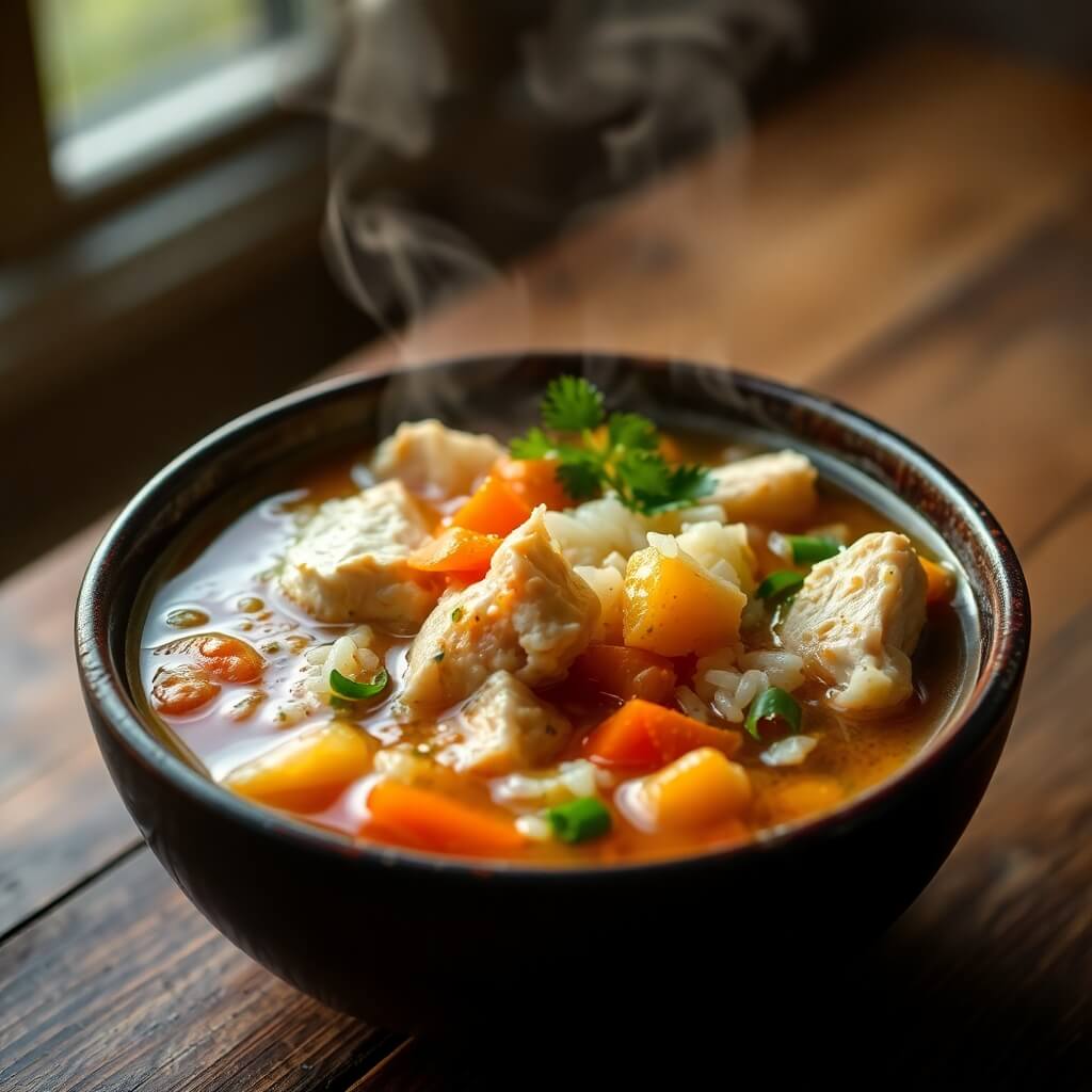 Comforting Chicken Soup with Rice in a Bowl