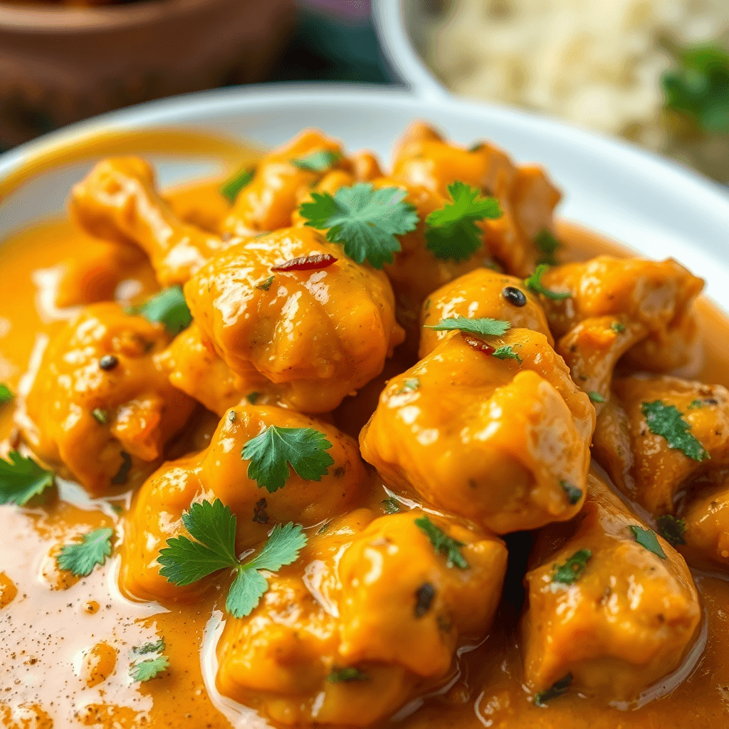 Churu Chicken Amarillo served with rice and garnished with cilantro