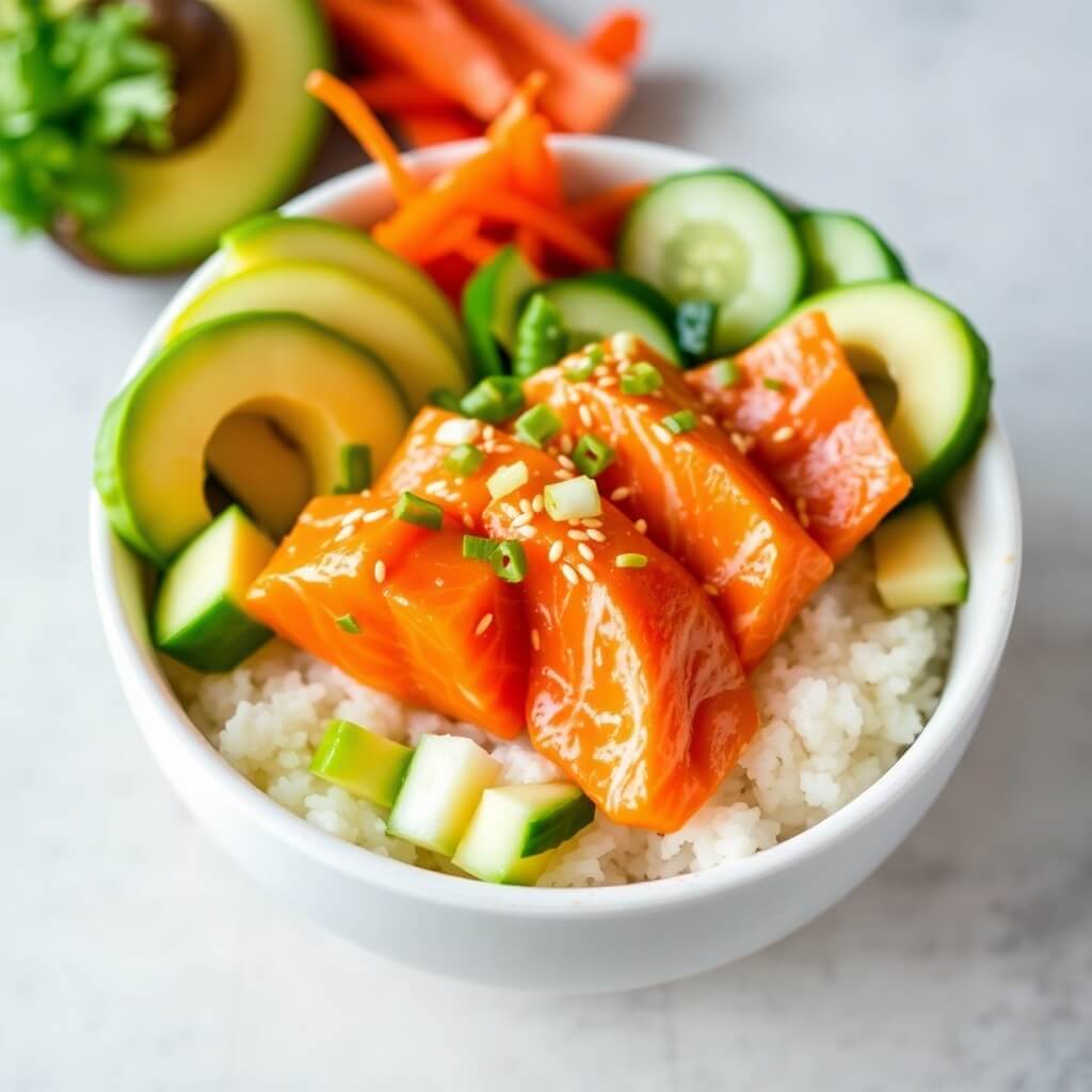 Colorful Spicy Salmon Bowl with Fresh Vegetables and Toppings