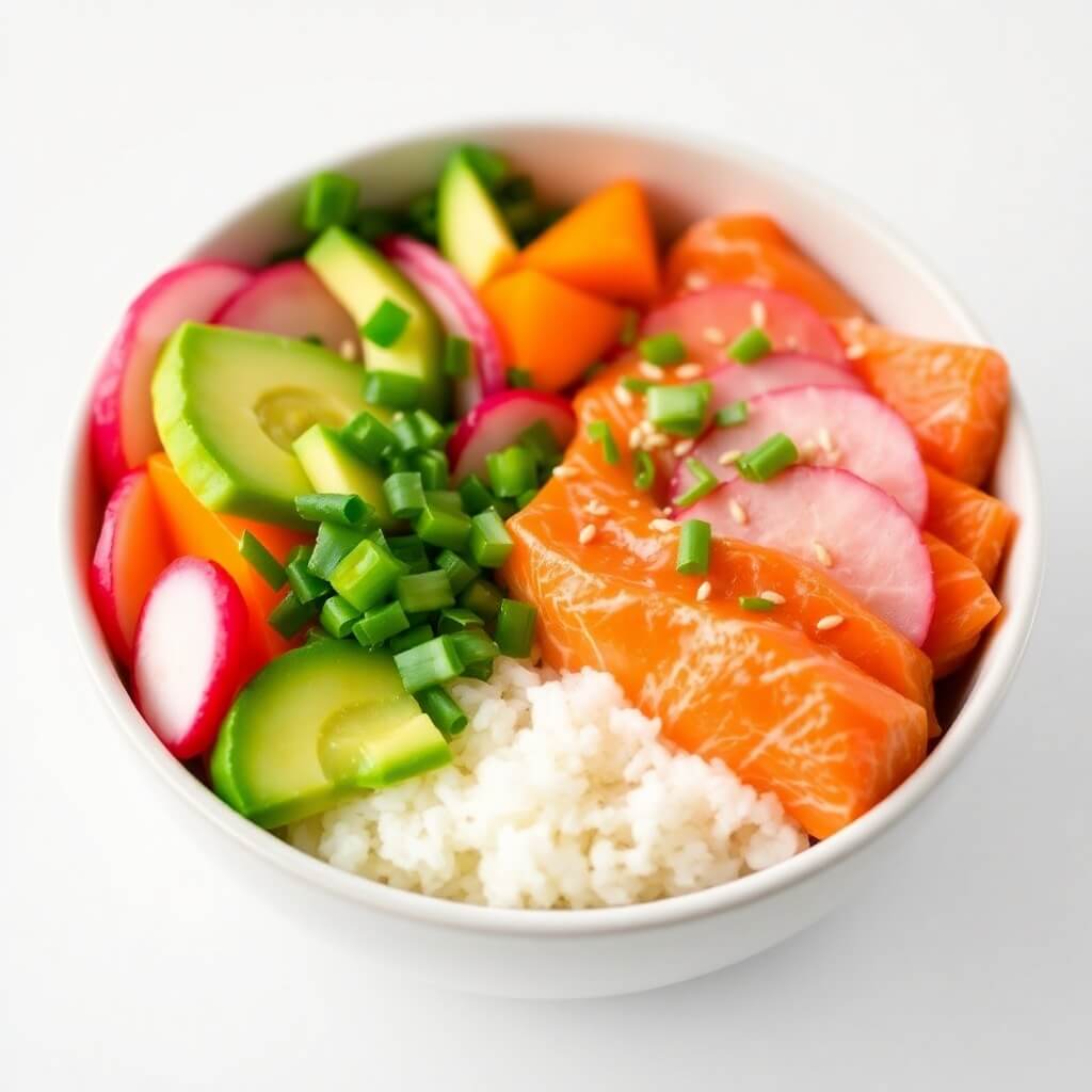 Colorful Spicy Salmon Bowl with Fresh Vegetables and Toppings