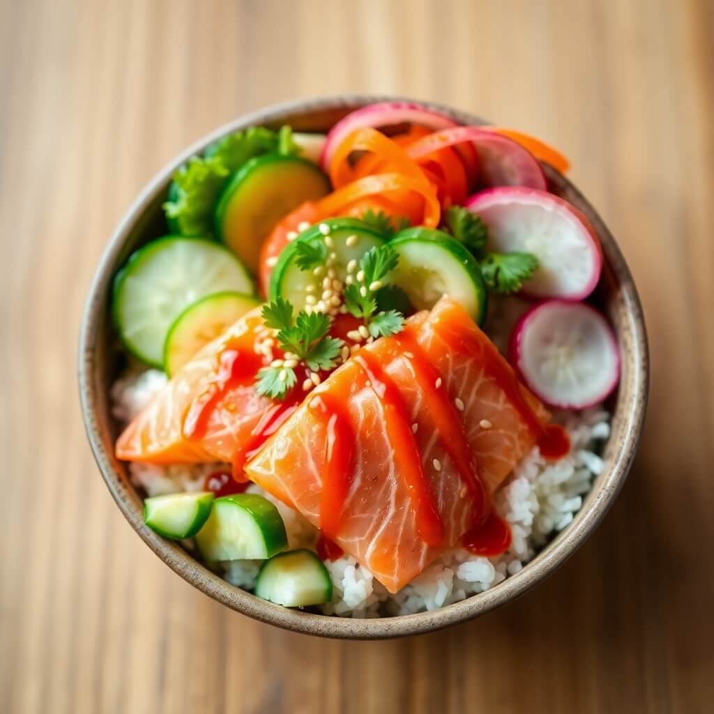 Spicy Salmon Bowl with Fresh Veggies and Toppings