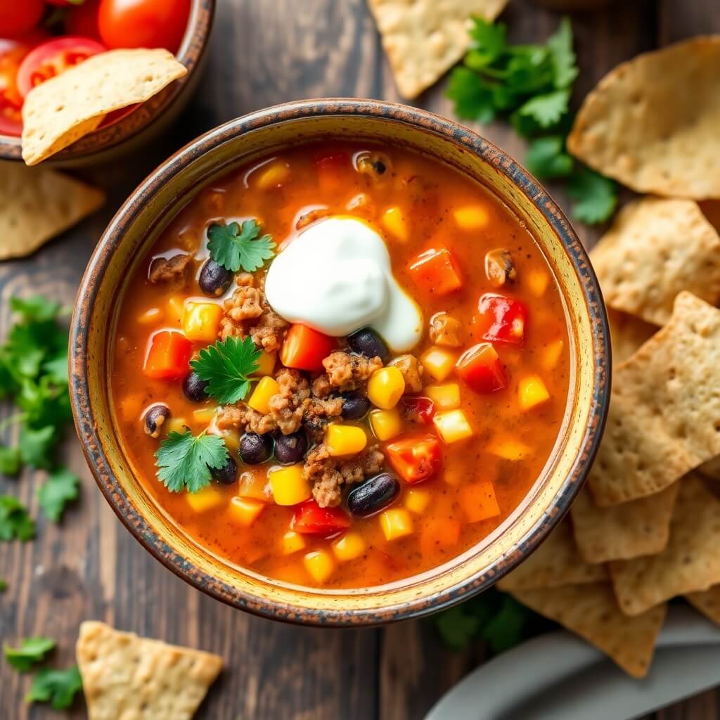 Delicious taco soup topped with crispy Fritos for the perfect crunchy, savory finish. Ideal for family dinners, celebrations, or game day gatherings.